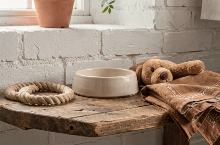 Accessoires pour chien organisés sur une étagère en bois, équipement et matériel canin essentiels