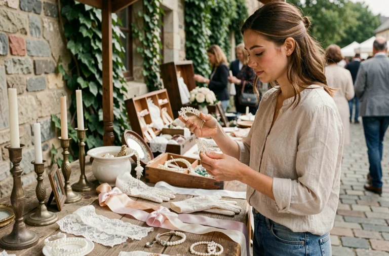 Femme examinant des accessoires de mariage vintage sur un marché aux puces pour organiser un mariage économique