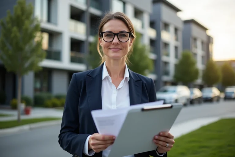 Agent immobilière professionnelle tenant des plans devant un immeuble résidentiel moderne