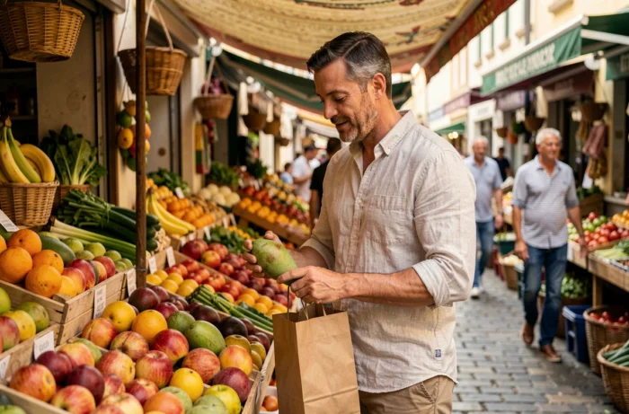 Homme choisissant des fruits frais sur un marché local pendant un voyage pour maintenir une alimentation saine