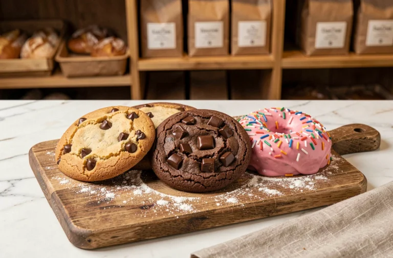 Trois gros cookies américains style Crumbl disposés sur un comptoir en marbre dans une boulangerie artisanale française