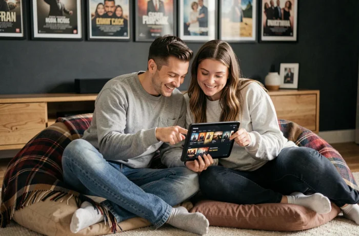 Deux amis choisissant un film à télécharger sur une tablette dans une salle multimédia conviviale