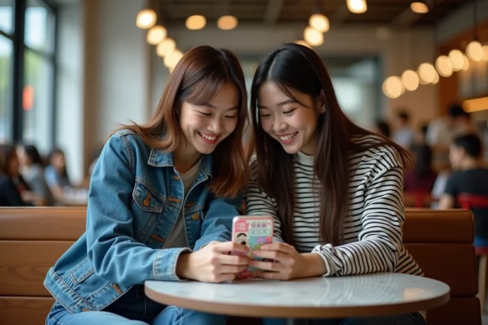 Deux amis adultes lisant ensemble des scans de manga yaoi en VO sur un smartphone dans un café urbain
