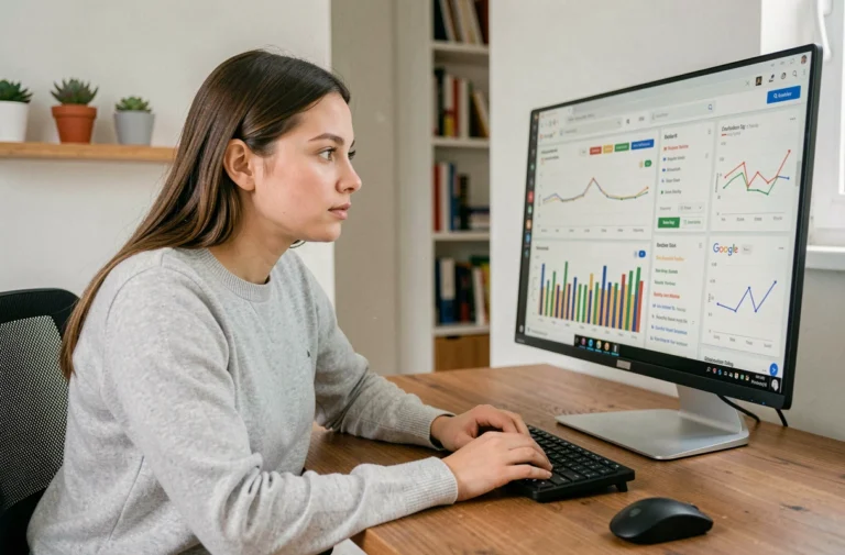 Jeune femme analysant le classement des mots clés Google sur un écran dans un bureau moderne