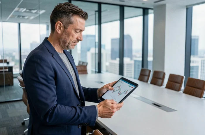 Homme d'affaires analysant des graphiques financiers professionnels sur une tablette dans une salle de conférence moderne