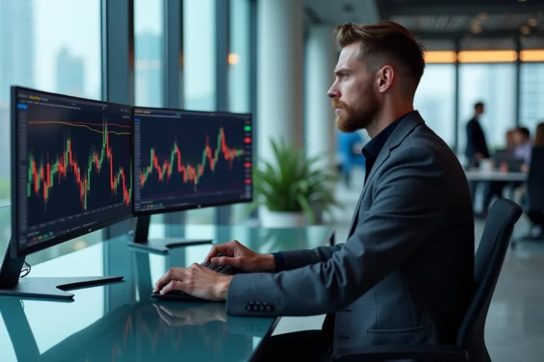 Analyste financier comparant les cours de Ripple XRP et Bitcoin sur des écrans dans un bureau fintech moderne
