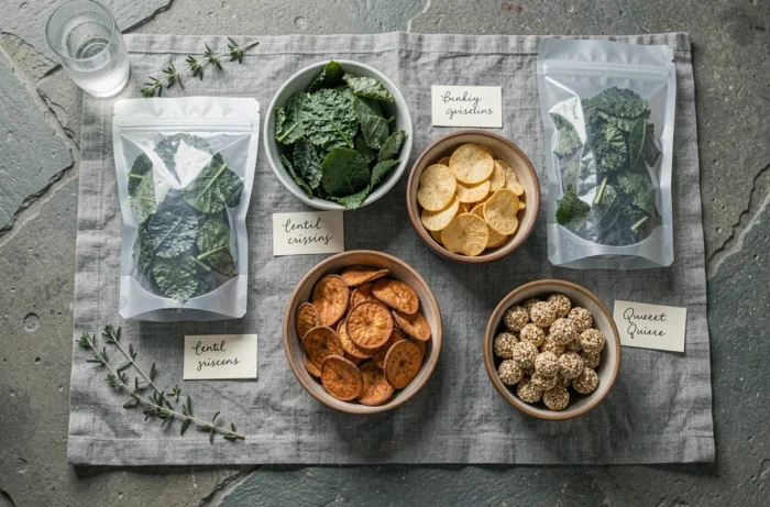 Assortiment de chips healthy variées en flat lay sur un comptoir en pierre, kale, lentilles et patate douce