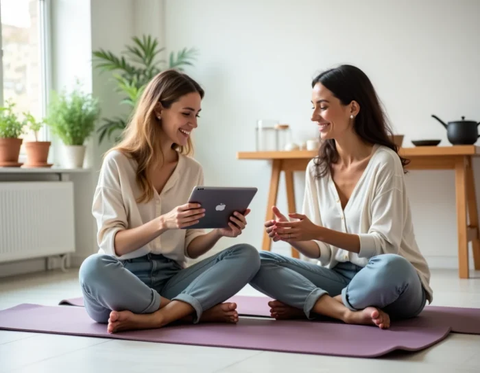 Deux femmes souriantes participant à un atelier cuisine convivial dans un studio minimaliste lumineux