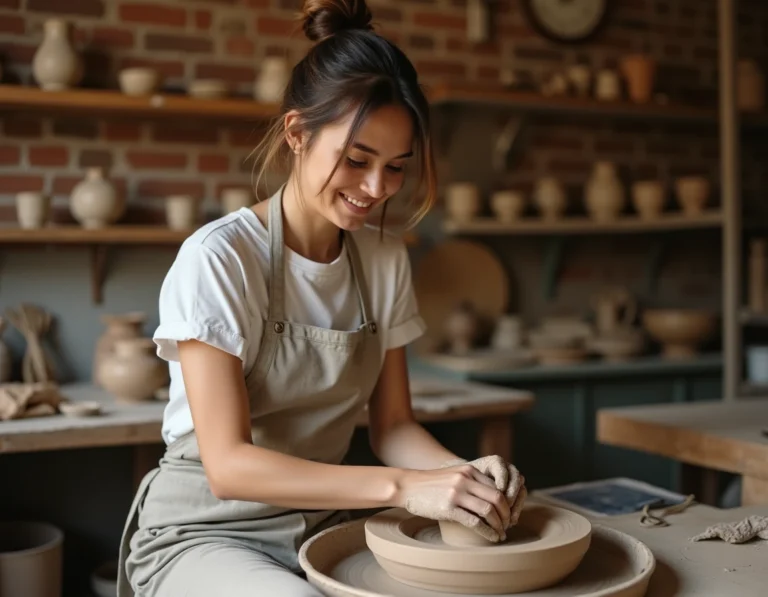 Femme faisant de la poterie dans un atelier artisanal en brique avec des mains couvertes d'argile