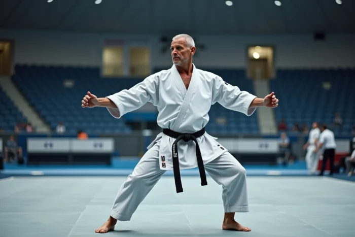 Athlète de combat en position de kata sur un tatami de compétition en salle de sport