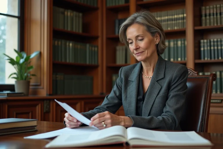 Avocate en costume gris étudiant le code de procédure civile dans un bureau juridique classique