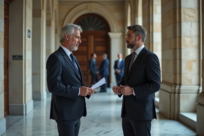 Deux avocats échangeant des documents dans un couloir de palais de justice français