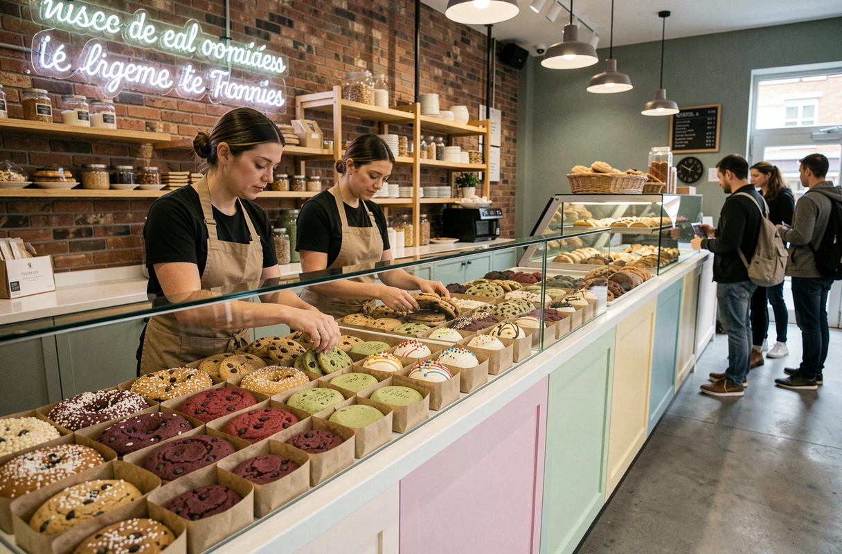 Intérieur d'une boutique de cookies française inspirée du style Crumbl, avec un comptoir garni de cookies décorés et colorés