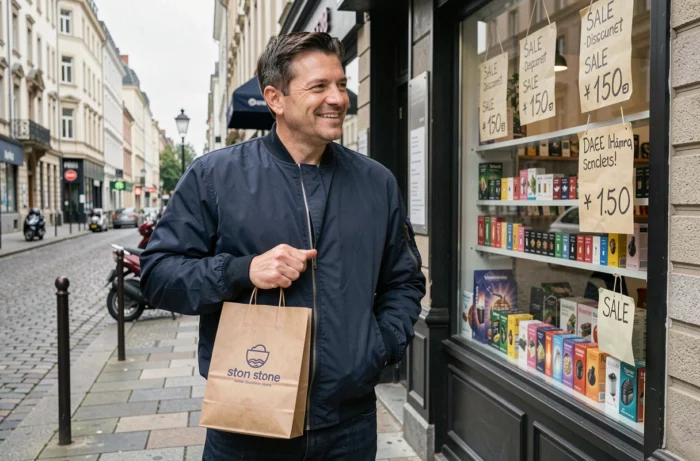 Homme sortant d'une boutique de vape en ville avec des puffs achetées à prix réduit, façade de magasin visible en arrière-plan