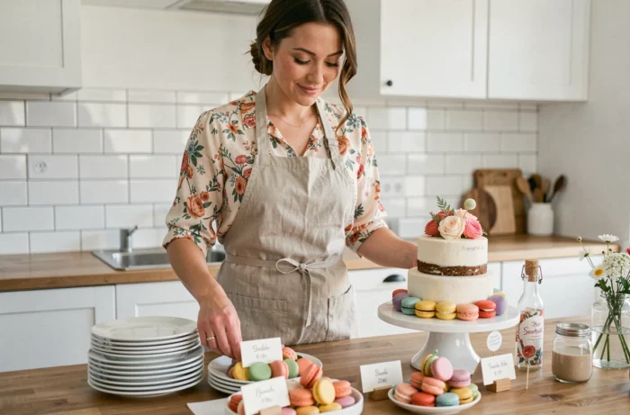 Femme organisant un buffet de desserts élégant et coloré pour une fête dans une cuisine moderne