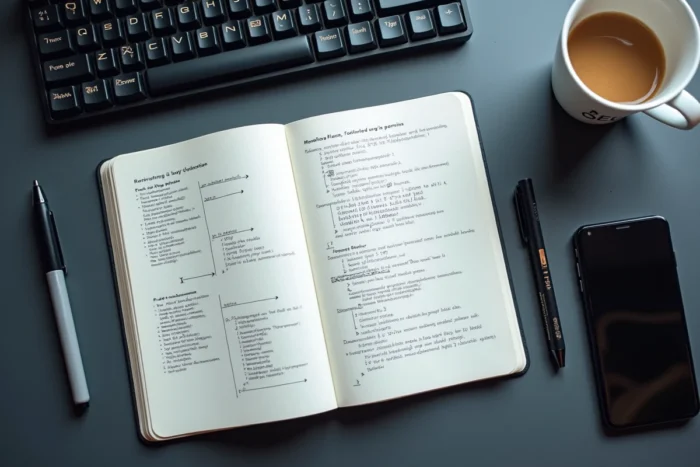 Vue de dessus d'un bureau de développeur avec carnet de notes de pseudocode, clavier mécanique et smartphone affichant une application d'automatisation