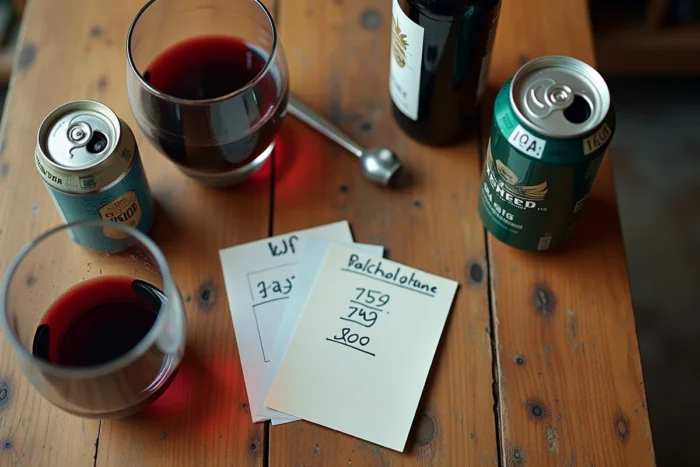 Vue aérienne de verres de vin, bouteille et calcul d'alcoolémie sur une table de cuisine illustrant le taux de 2 grammes dans le sang