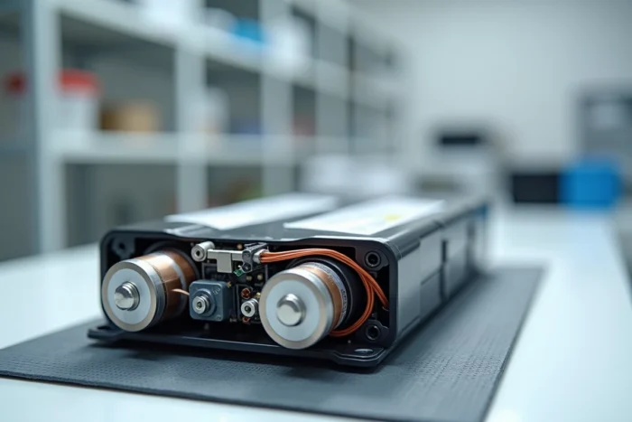 Gros plan sur les cellules internes d'une batterie hybride rechargeable démontée en laboratoire