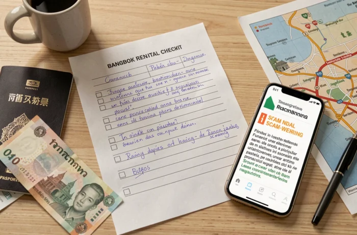 Bureau de recherche d'appartement à Bangkok avec checklist anti-arnaques, passeport et billets de baht thaïlandais
