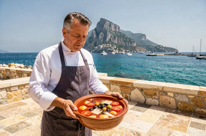 Chef monégasque présentant un plat de stocafi traditionnel sur une terrasse avec vue sur le port de Monaco