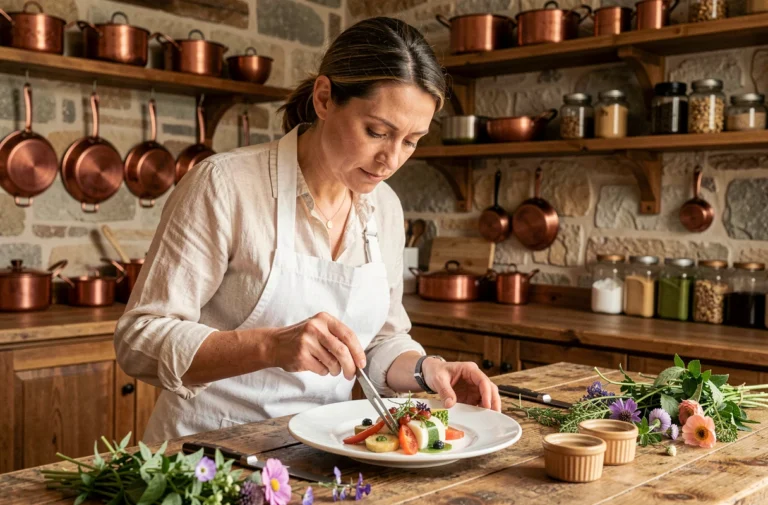 Cheffe cuisinière de La Cigale et la Fourchette en train de dresser une assiette raffinée dans une cuisine rustique et créative