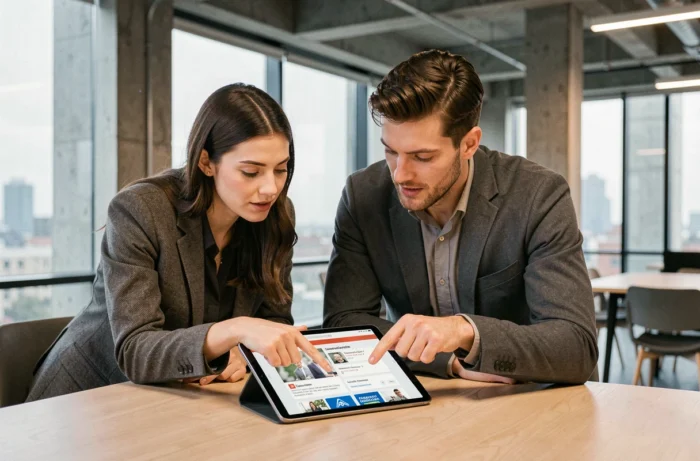 Deux collègues découvrant ensemble les nouveautés d'une plateforme d'annonces sur une tablette au bureau