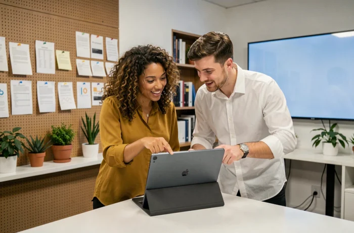 Deux collègues discutant des dernières tendances numériques autour d'une tablette en espace de coworking