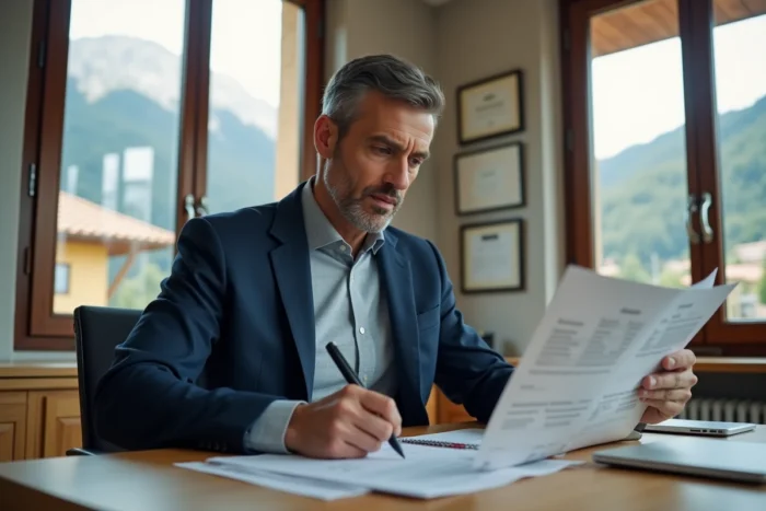 Agent immobilier comparant des documents d'achat immobilier entre la France et l'Andorre dans un bureau avec vue sur la montagne