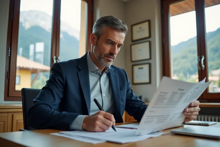 Agent immobilier comparant des documents d'achat immobilier entre la France et l'Andorre dans un bureau avec vue sur la montagne