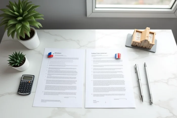 Documents contractuels d'achat immobilier en France et en Andorre posés côte à côte sur un bureau en marbre avec calculatrice