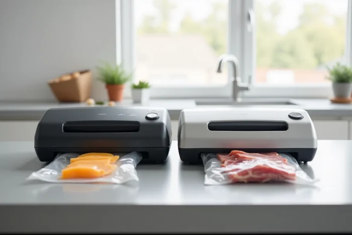 Comparatif de deux machines sous vide côte à côte sur une table grise pour un test éditorial, avec des sachets scellés contenant des aliments