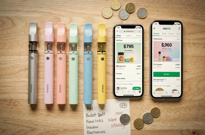 Vue de dessus de plusieurs puffs disposables colorées posées sur un bureau avec un smartphone affichant une comparaison de prix en ligne