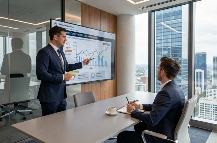 Conseiller financier présentant des stratégies de défiscalisation immobilière à un client en salle de réunion