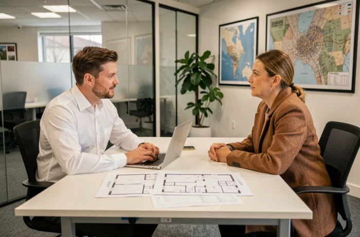 Un conseiller en logement présente les modalités d'un contrat à un particulier dans un bureau professionnel, illustrant l'accompagnement proposé par une société de gestion immobilière