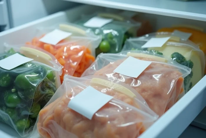 Tiroir de réfrigérateur organisé avec des sachets sous vide contenant des aliments portionnés et étiquetés, résultat d'une machine sous vide de cuisine