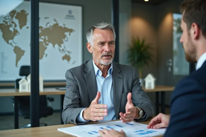 Consultant immobilier expliquant une stratégie d'investissement dans une agence immobilière contemporaine