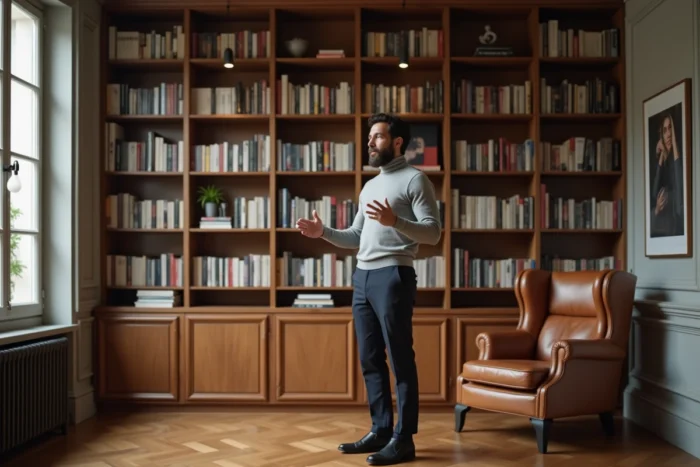 Consultant en tendances mode et business debout devant une bibliothèque dans un bureau parisien élégant