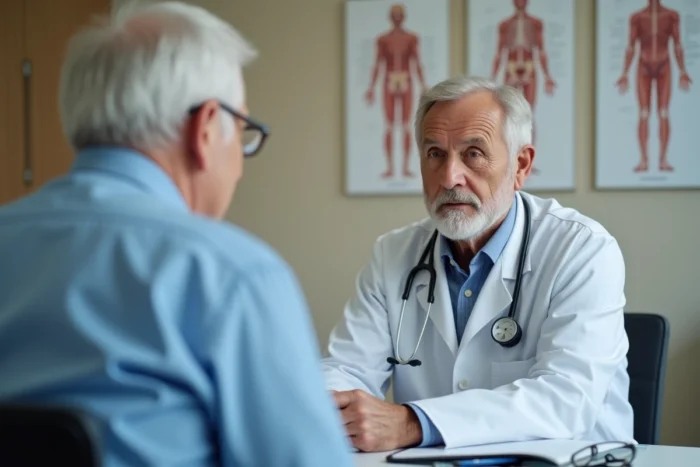 Médecin expliquant les effets secondaires du vaccin contre le zona à un patient âgé lors d'une consultation médicale