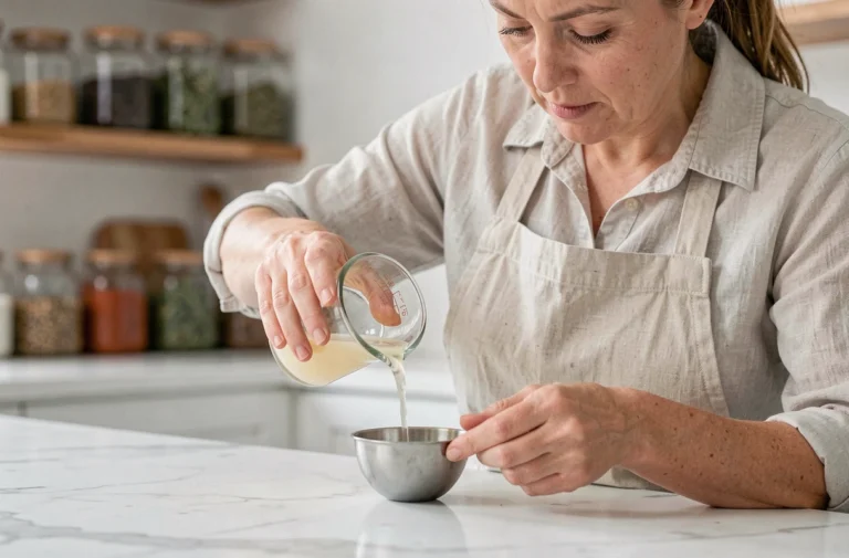 Femme versant précisément du liquide dans une cuillère de mesure en cuisine, guide pratique conversion cl en grammes