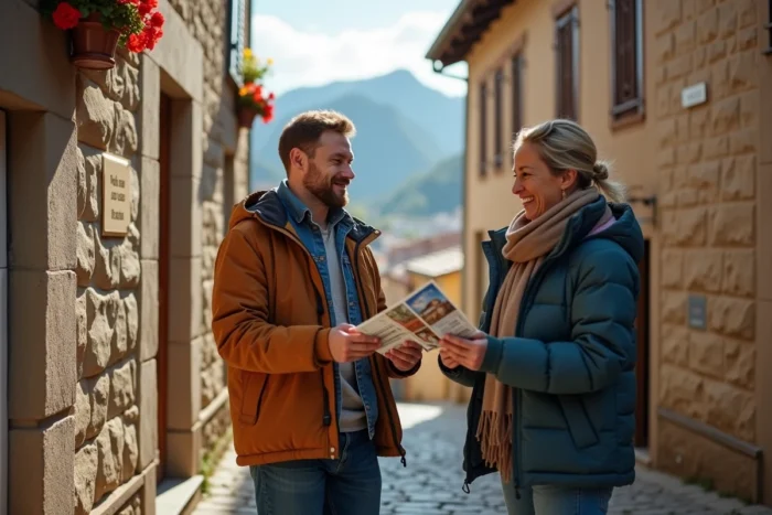 Couple examinant une annonce immobilière devant un immeuble à vendre dans une ville frontalière entre la France et l'Andorre