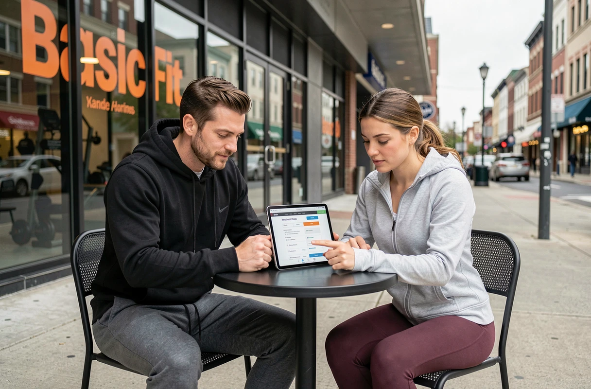 Couple comparant les abonnements Basic Fit annuel et premium sur une tablette devant une salle de sport