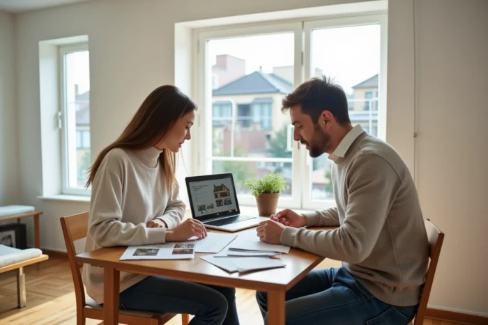 Couple étudiant des documents immobiliers et des annonces en ligne dans un appartement moderne