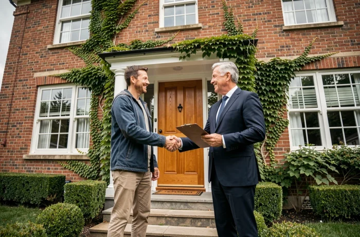 Couple de propriétaires signant un contrat d'assurance avec un agent devant leur maison en briques