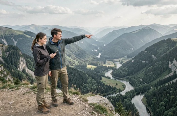 Couple de randonneurs observant un panorama de vallée depuis un belvédère en montagne