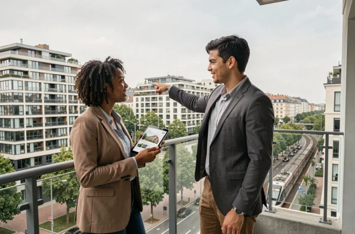 Jeune couple consultant une annonce immobilière sur tablette depuis le balcon d'un appartement moderne avec vue sur Lyon