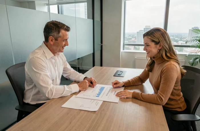 Couple en réunion avec un conseiller financier pour planifier la gestion de leur patrimoine