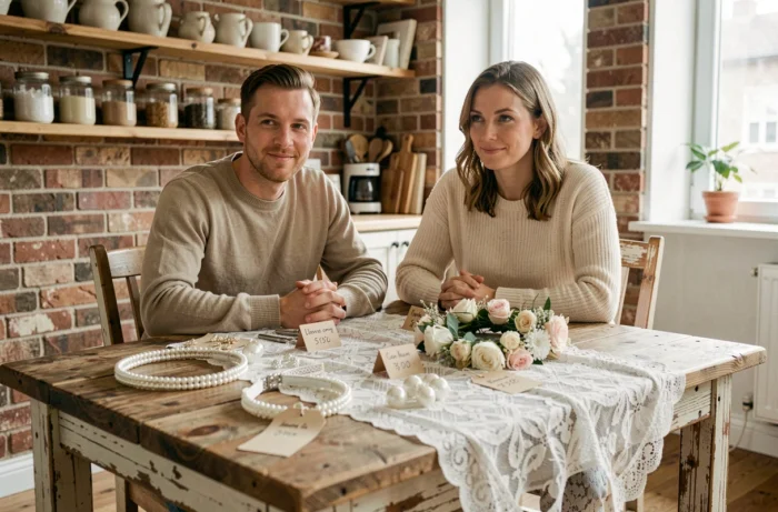 Couple triant des accessoires de mariage à revendre posés sur une table en bois rustique à la maison