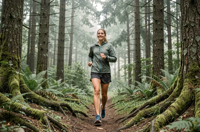 Femme en train de courir sur un sentier forestier pendant un voyage pour rester en forme et active