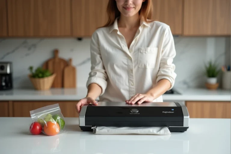 Machine sous vide Crenova VS100S posée sur un plan de travail en cuisine avec une femme en train de sceller un sachet de légumes frais