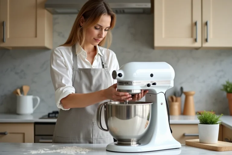 Femme essayant de débloquer un bol KitchenAid coincé sur un robot pâtissier blanc dans une cuisine moderne